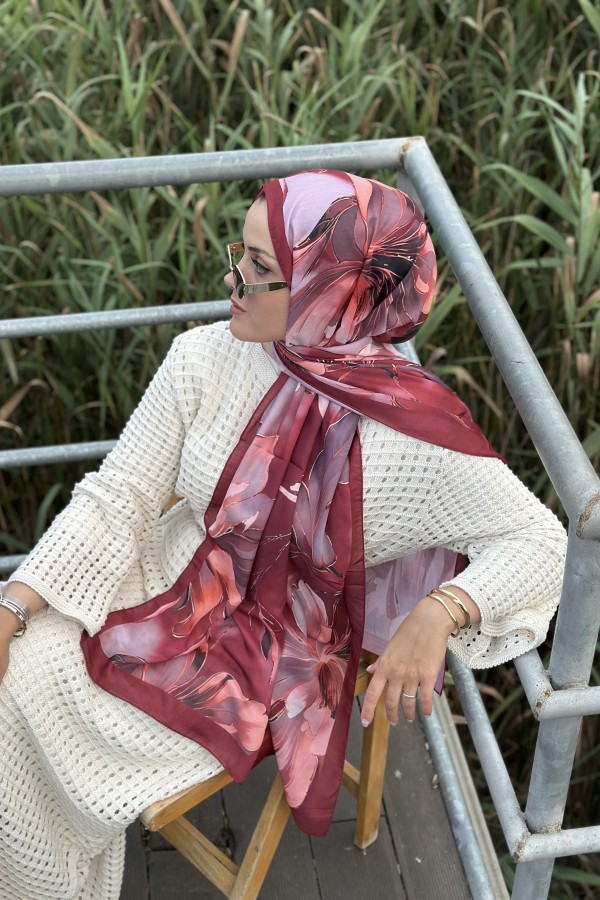 Garden Desen Soft Pamuk Şal - Koyu Bordo
