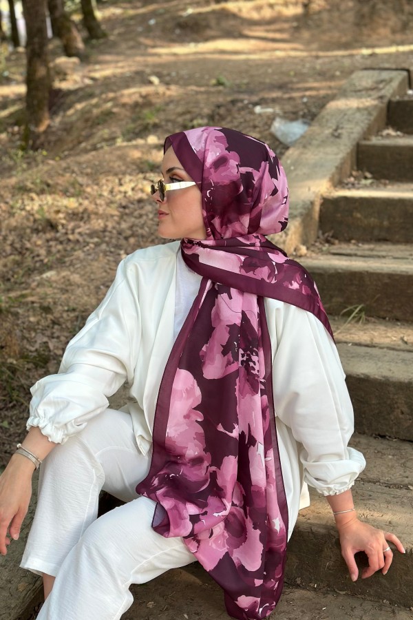 Botanik Desen Soft Pamuk Şal - Mor