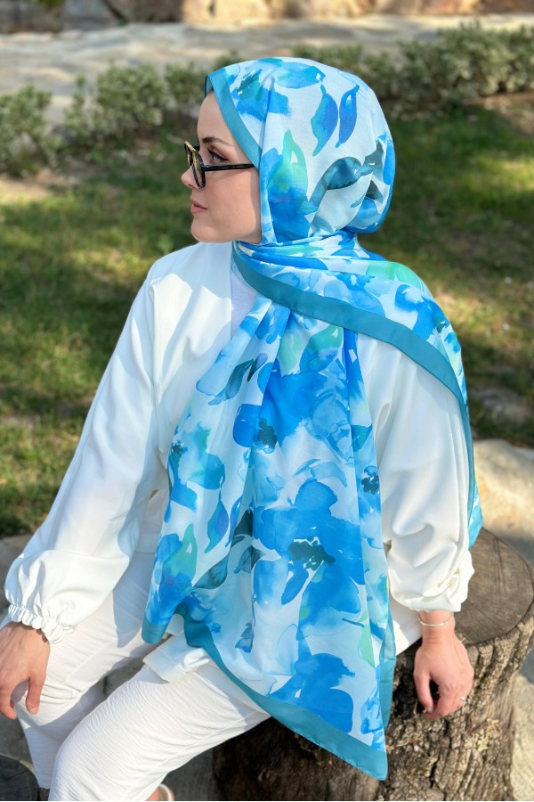 Flower Desen Soft Pamuk Şal - Mavi/Yeşil