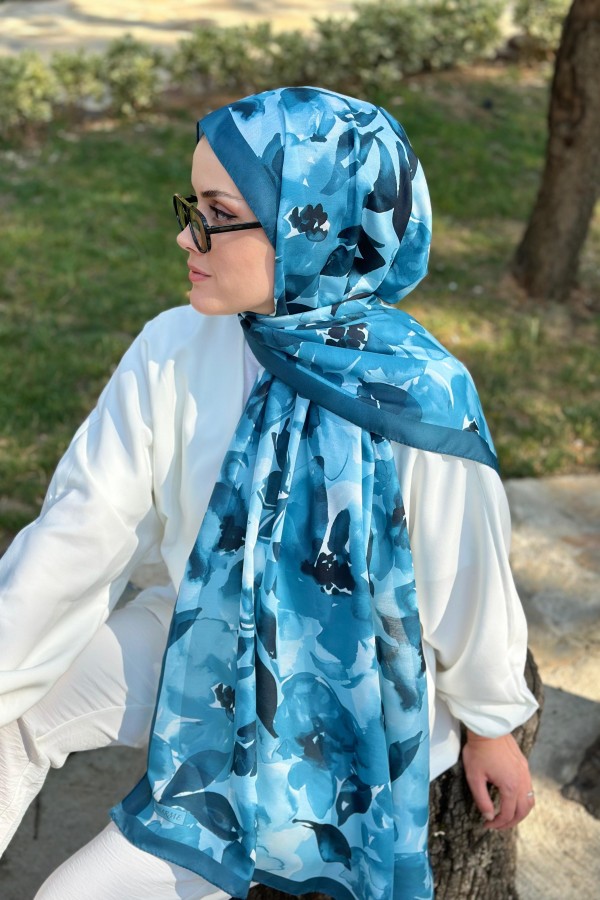 Flower Desen Soft Pamuk Şal - Mavi
