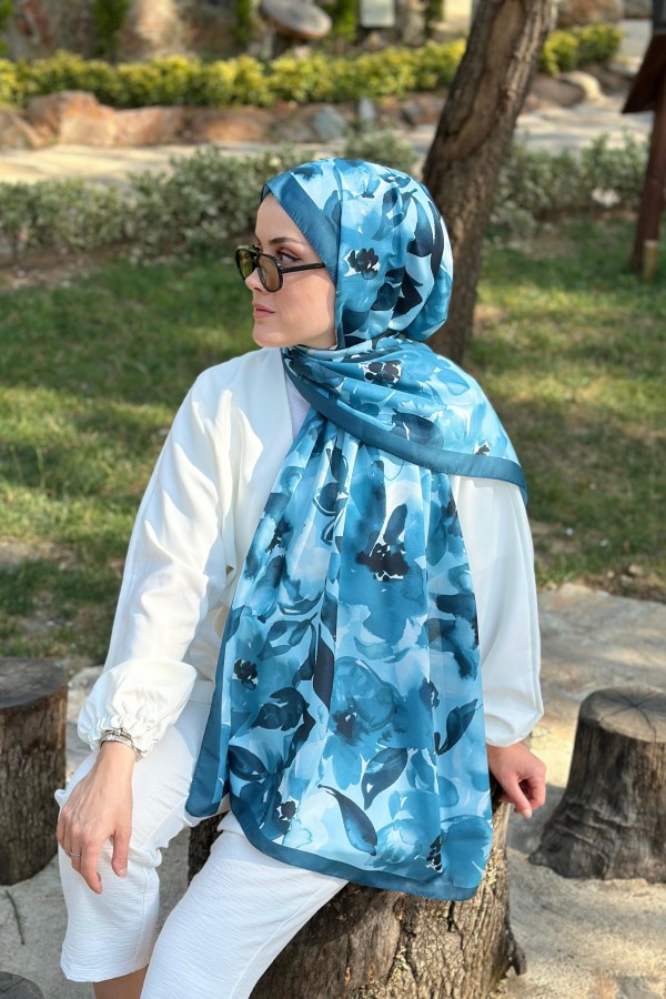 Flower Desen Soft Pamuk Şal - Mavi