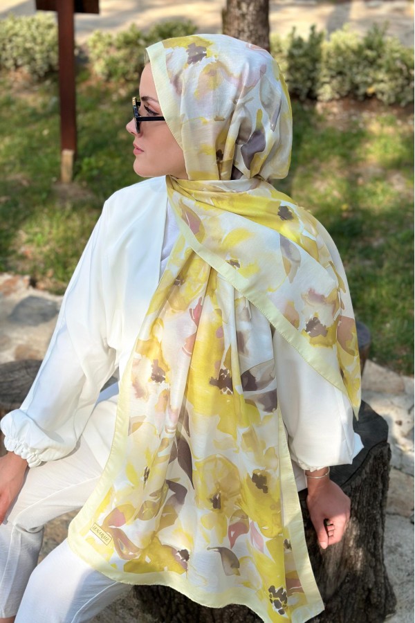Flower Desen Soft Pamuk Şal - Butter Yellow