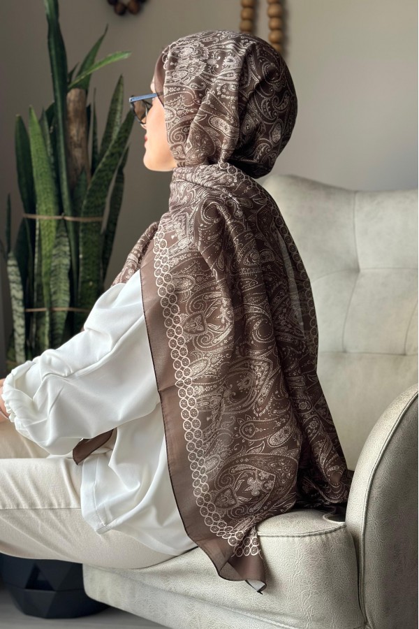 Retro Desen Soft Pamuk Şal - Haki