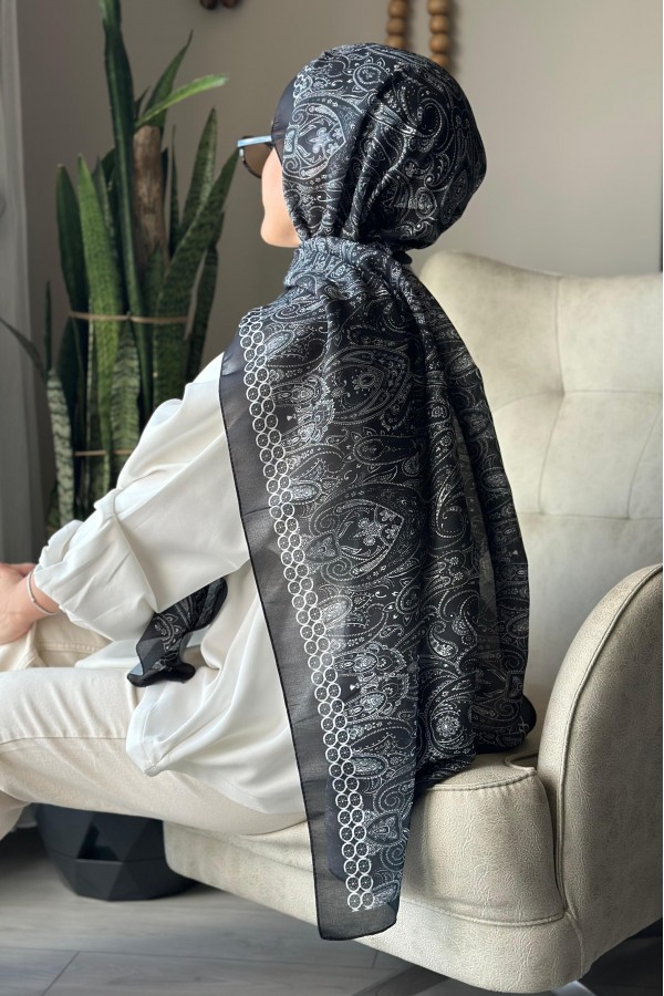 Retro Desen Soft Pamuk Şal - Siyah 