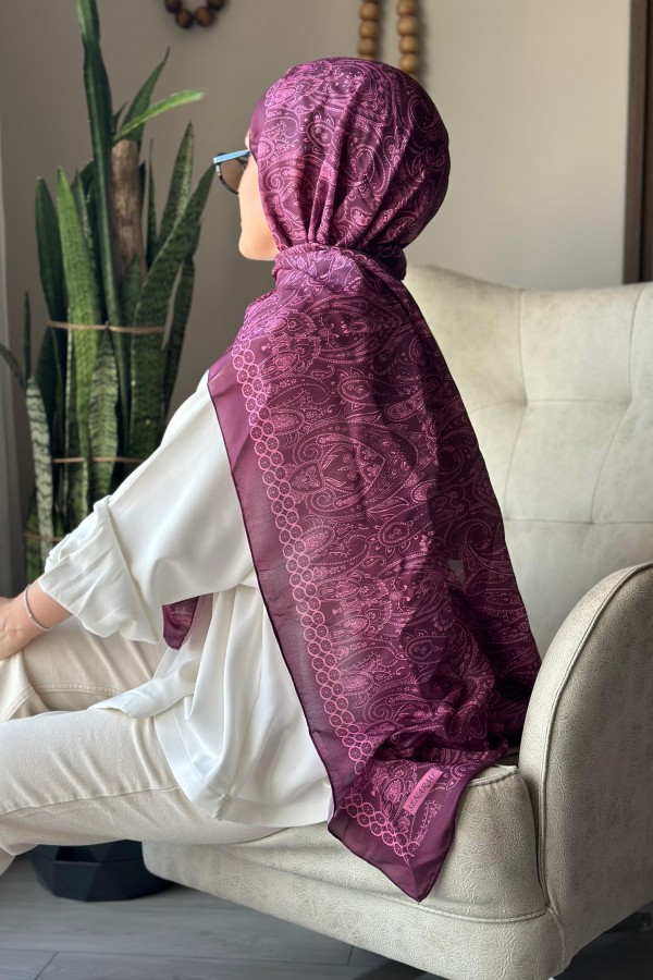 Retro Desen Soft Pamuk Şal - Mürdüm