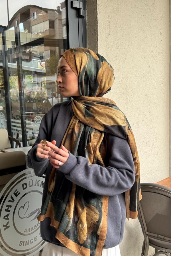 Flora Desen Pamuk Kraş Şal - Sütlü Kahve