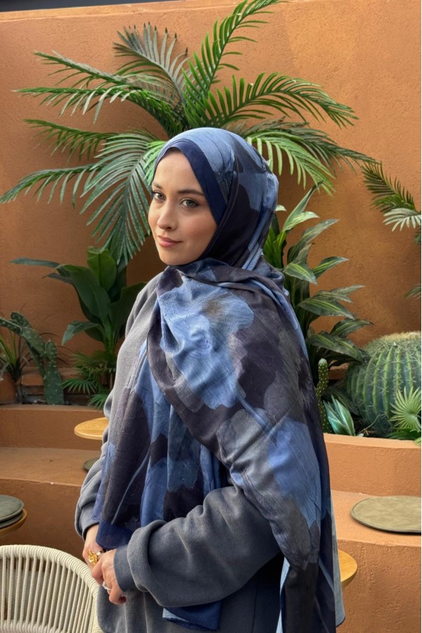 Flora Desen Pamuk Kraş Şal - Lacivertt