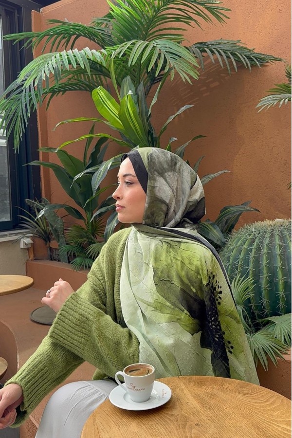 Forest Desen Pamuk Kraş Şal - Yeşil