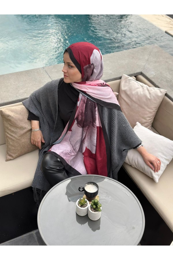 Forest Desen Pamuk Kraş Şal - Bordo