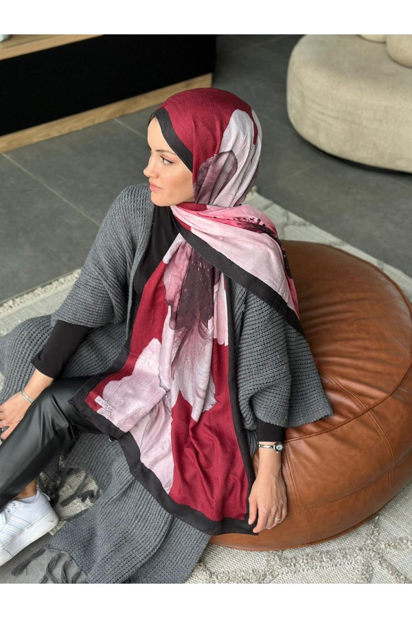 Forest Desen Pamuk Kraş Şal - Bordo