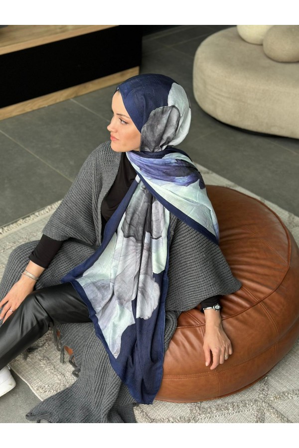 Forest Desen Pamuk Kraş Şal - Lacivert