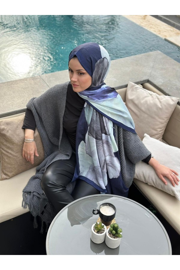 Forest Desen Pamuk Kraş Şal - Lacivert