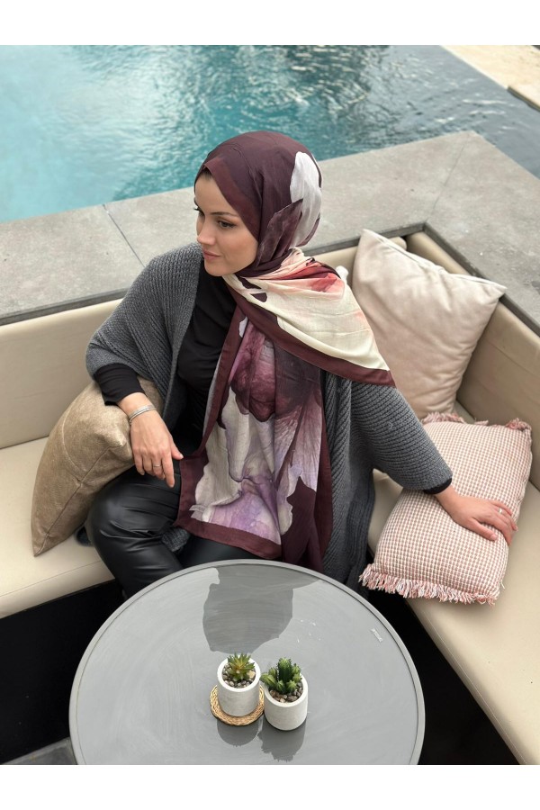 Forest Desen Pamuk Kraş Şal - Kızıl  Kahve