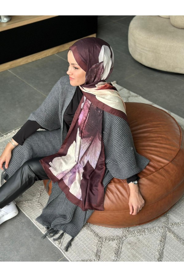 Forest Desen Pamuk Kraş Şal - Kızıl  Kahve