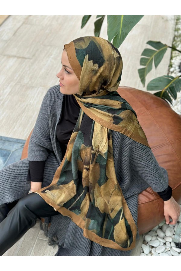 Flora Desen Pamuk Kraş Şal - Sütlü Kahve