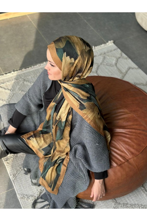 Flora Desen Pamuk Kraş Şal - Sütlü Kahve