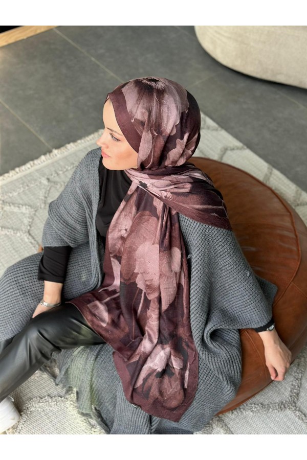 Flora Desen Pamuk Kraş Şal - Acı Kahve