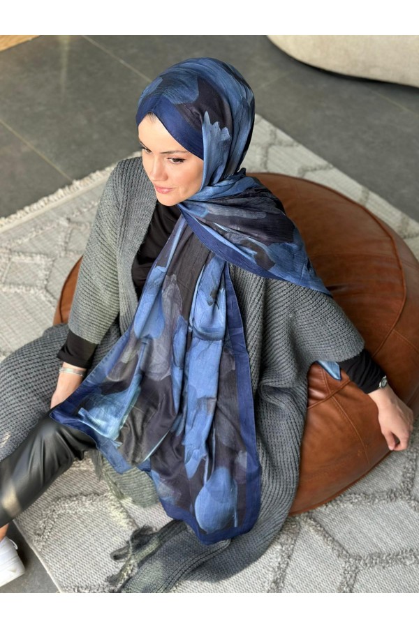 Flora Desen Pamuk Kraş Şal - Lacivertt