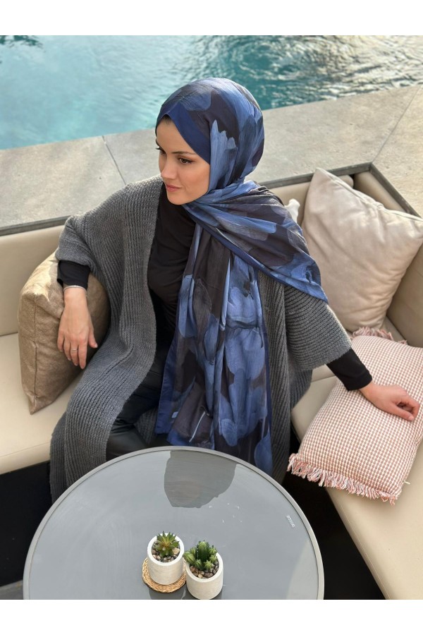 Flora Desen Pamuk Kraş Şal - Lacivertt