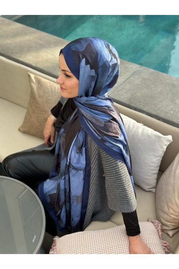 Flora Desen Pamuk Kraş Şal - Lacivertt