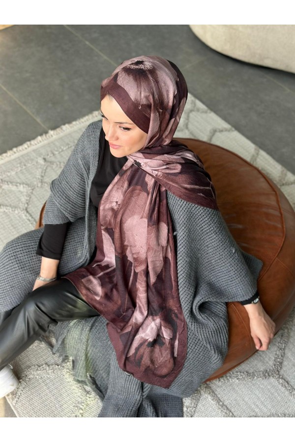 Flora Desen Pamuk Kraş Şal - Acı Kahve