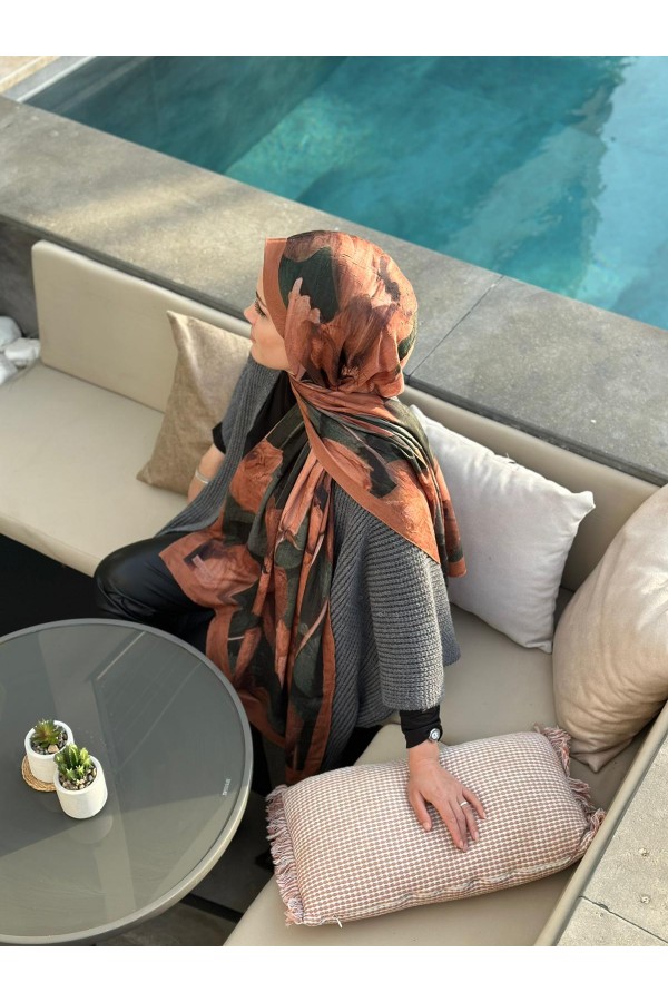 Flora Desen Pamuk Kraş Şal - Kiremit