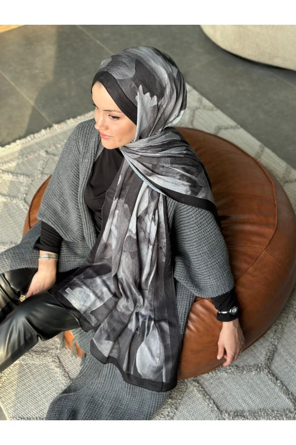 Flora Desen Pamuk Kraş Şal - Siyah