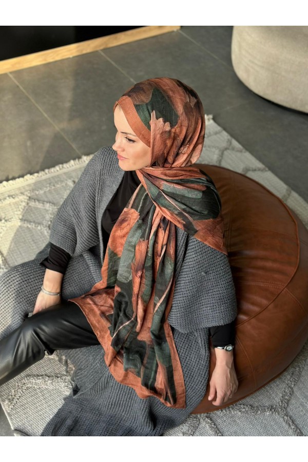 Flora Desen Pamuk Kraş Şal - Kiremit