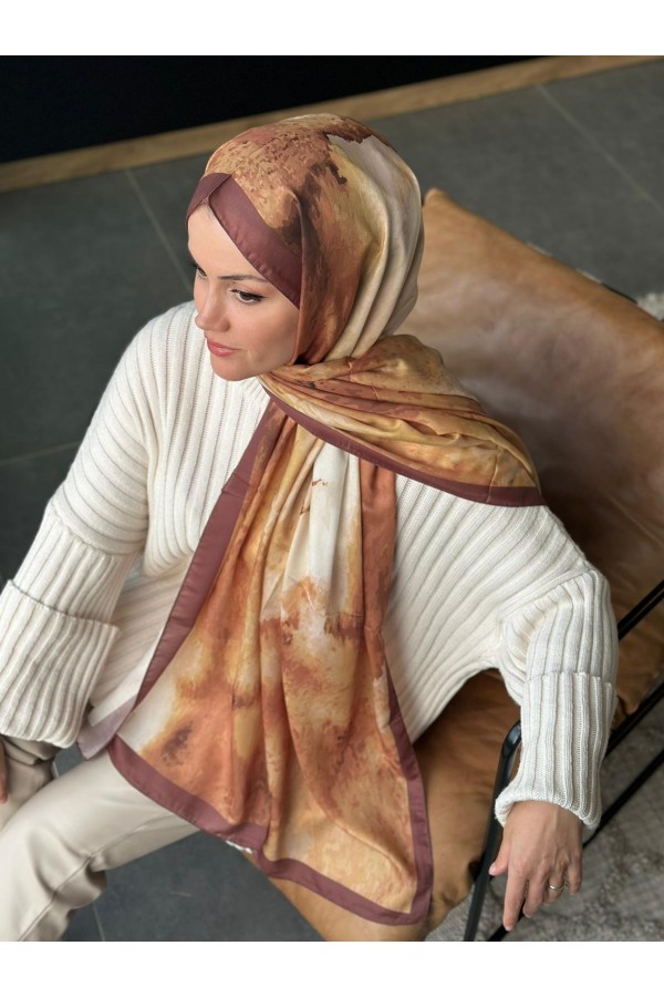 Water Color Desen Soft Pamuk Şal - Sütlü Kahve