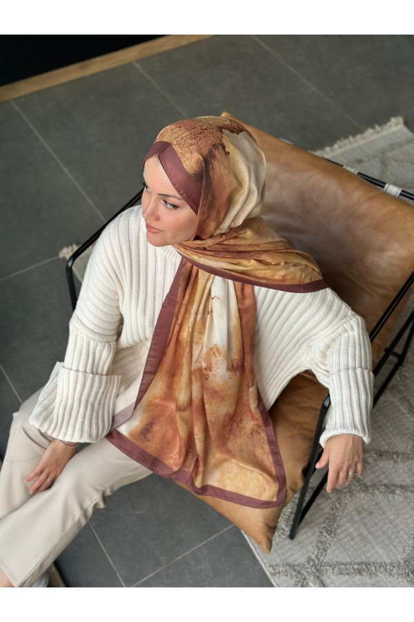 Water Color Desen Soft Pamuk Şal - Sütlü Kahve