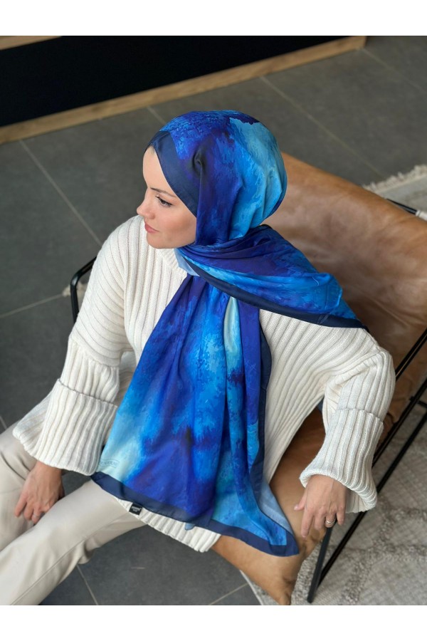 Water Color Desen Soft Pamuk Şal - Lacivert