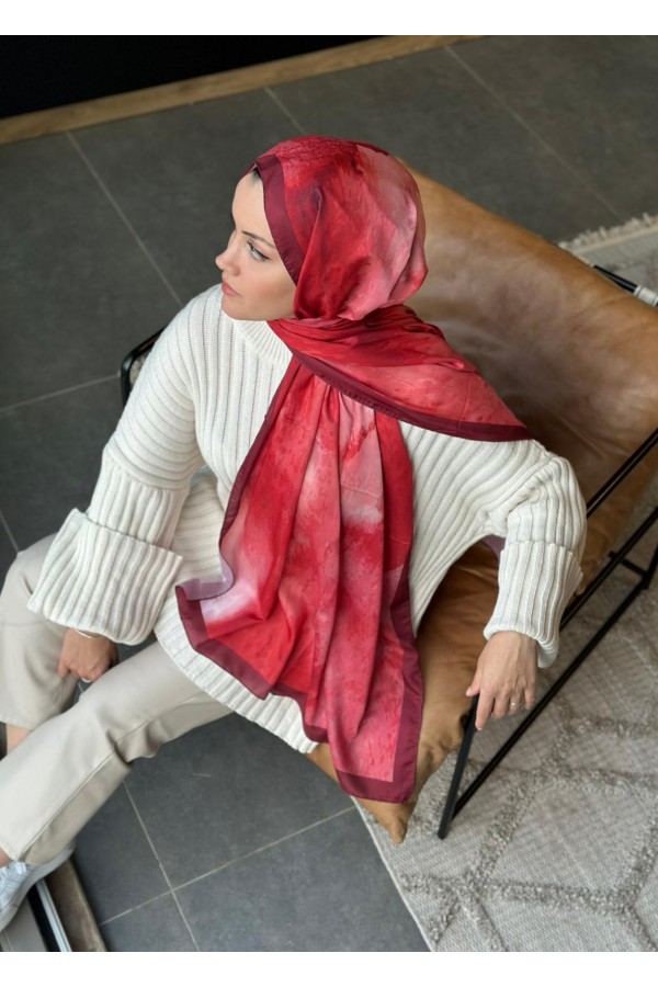 Water Color Desen Soft Pamuk Şal - Bordo