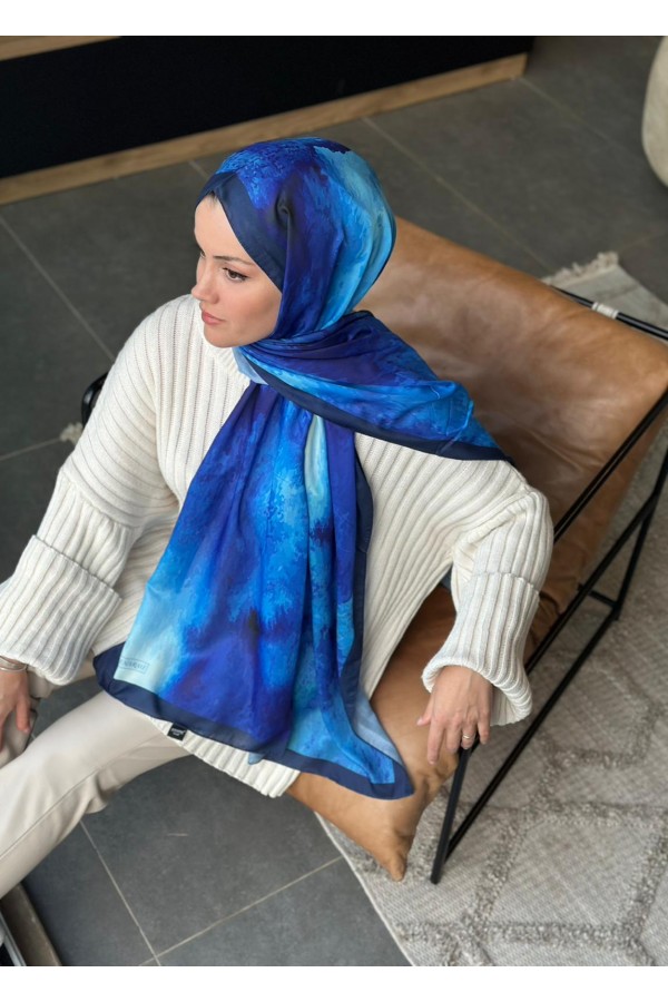 Water Color Desen Soft Pamuk Şal - Lacivert