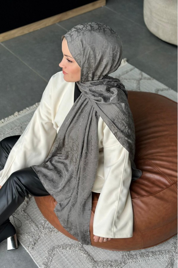 D Desen Pamuk Jakar Şal - Koyu Gri