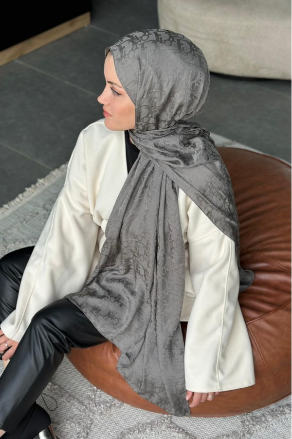 D Desen Pamuk Jakar Şal - Koyu Gri