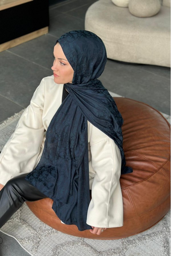 D Desen Pamuk Jakar Şal - Lacivert 
