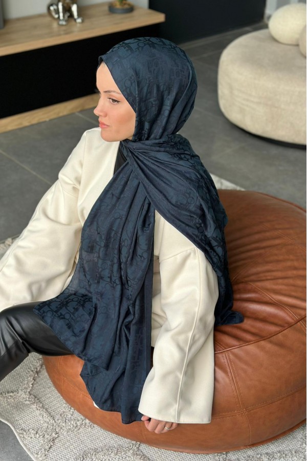 D Desen Pamuk Jakar Şal - Lacivert 