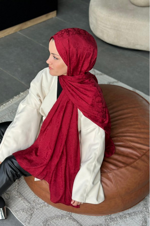 D Desen Pamuk Jakar Şal - Bordo