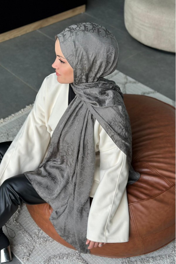 D Desen Pamuk Jakar Şal - Koyu Gri