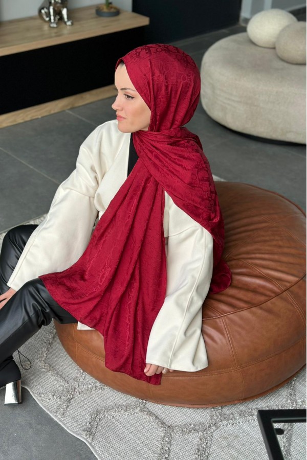 D Desen Pamuk Jakar Şal - Bordo