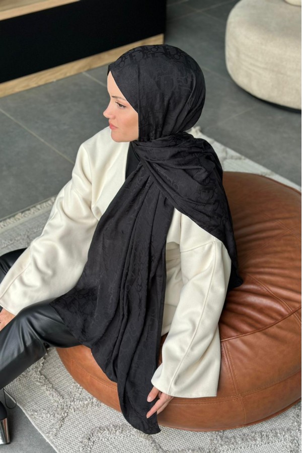 D Desen Pamuk Jakar Şal - Siyahh