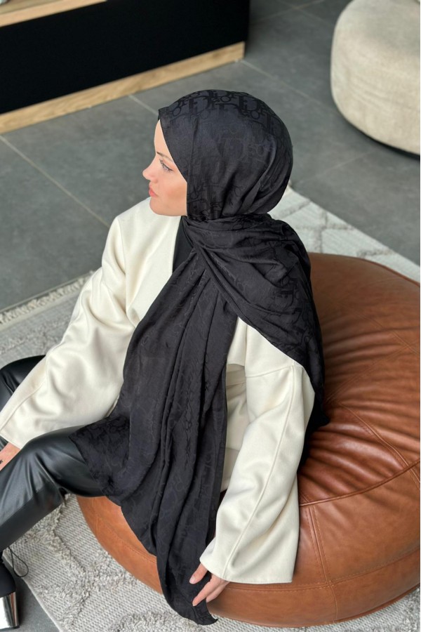 D Desen Pamuk Jakar Şal - Siyahh