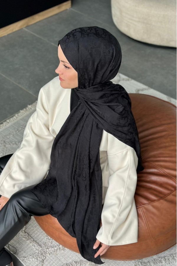 D Desen Pamuk Jakar Şal - Siyahh