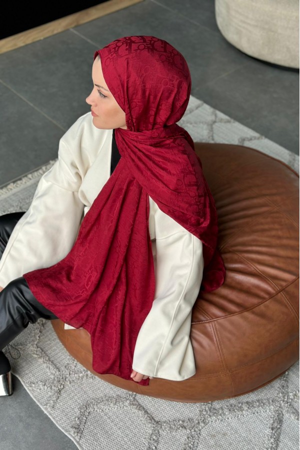 D Desen Pamuk Jakar Şal - Bordo