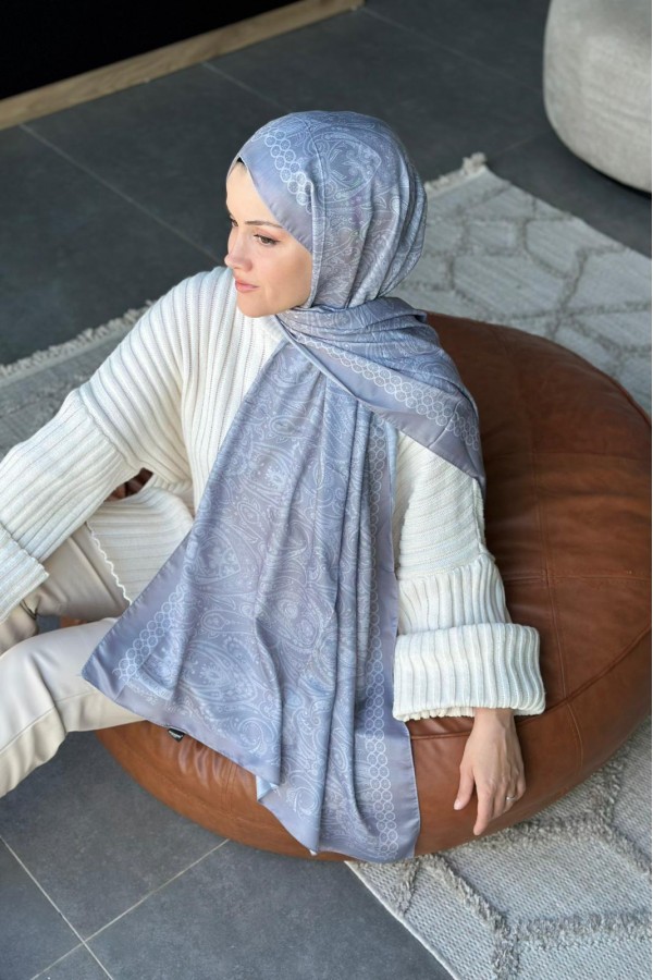 Retro Desen Soft Pamuk Şal - Gümüş Gri