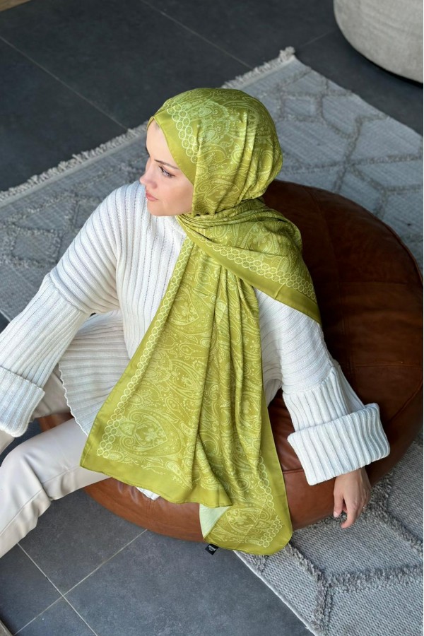 Retro Desen Soft Pamuk Şal - Yağ Yeşili