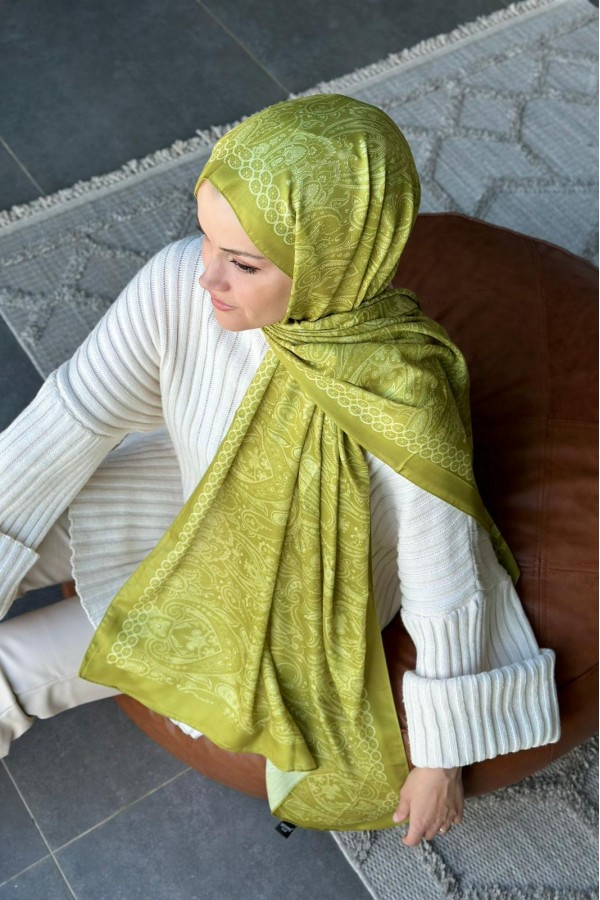 Retro Desen Soft Pamuk Şal - Yağ Yeşili