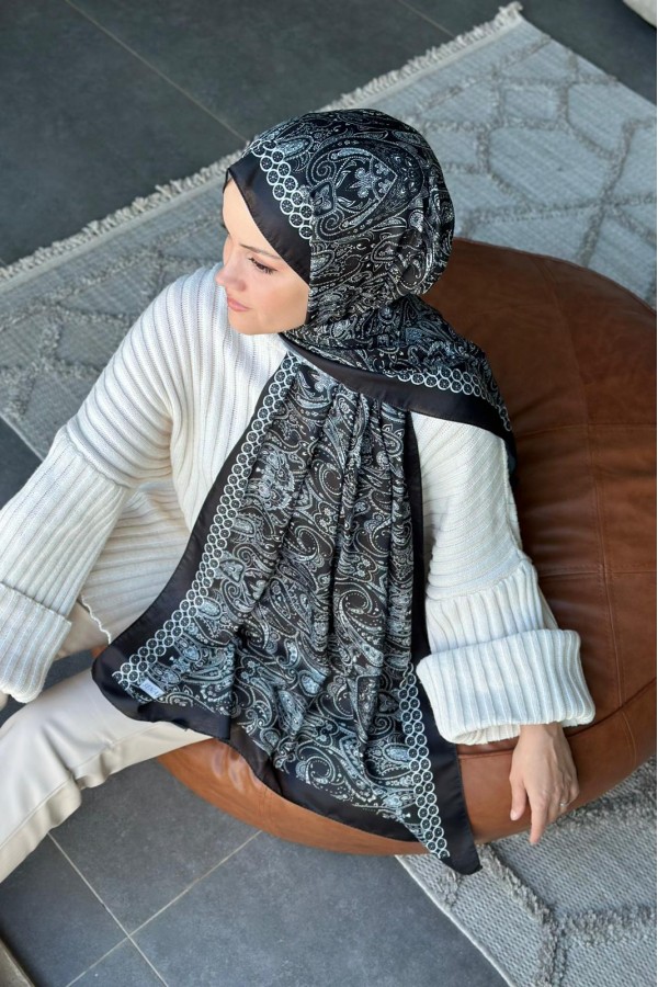 Retro Desen Soft Pamuk Şal - Siyah 