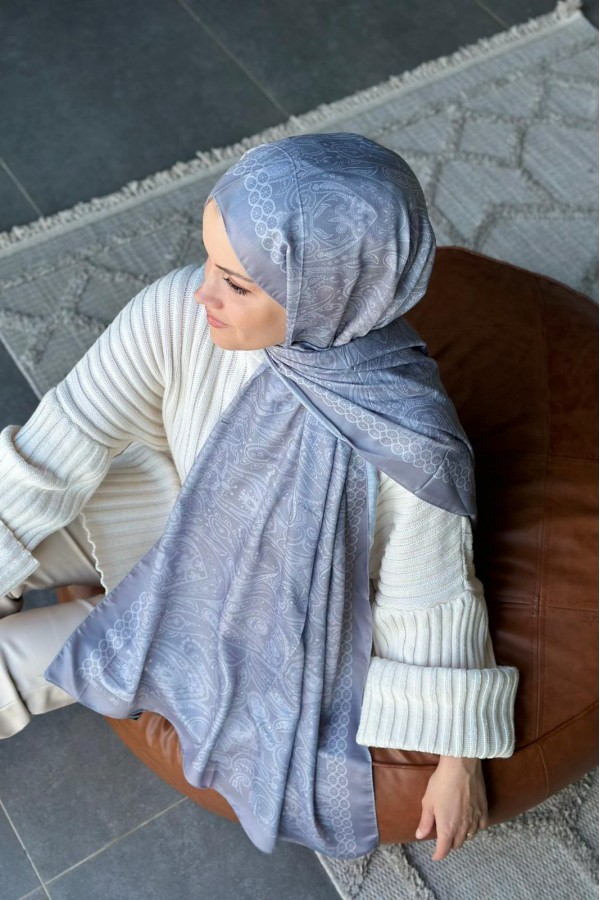 Retro Desen Soft Pamuk Şal - Gümüş Gri