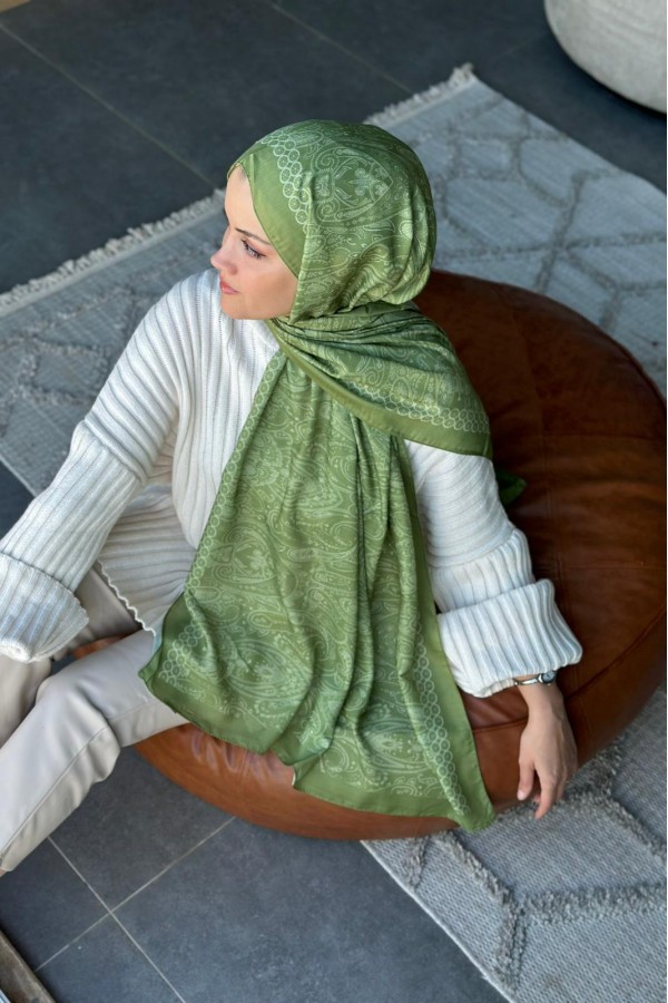 Retro Desen Soft Pamuk Şal - Çimen Yeşili